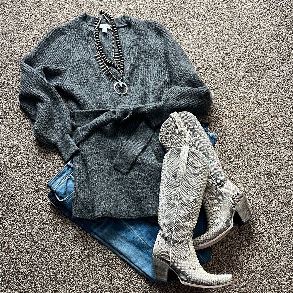 Gray Knit Sweater with Belt